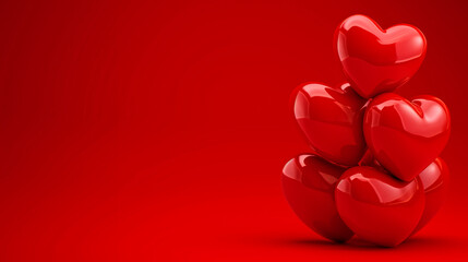 A stack of glossy red hearts against a vibrant red background, symbolizing love and romance, suitable for Valentine's Day celebrations