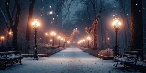 Snowy city park in winter at night during snowfall in dark tones. Generative AI.