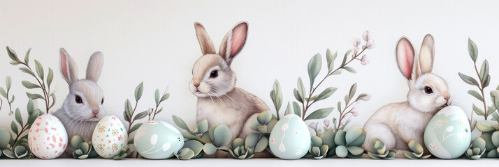 Handmade easter garland with bunnies and easter eggs - obrazy, fototapety, plakaty
