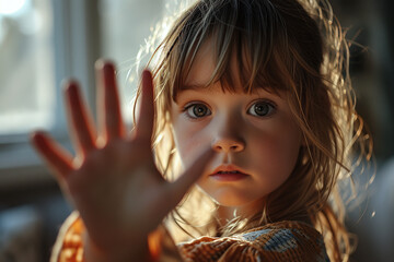 Portrait of a serious and scared little girl standing with outstretched hand showing stop gesture, domestic violence concept. Stop violence and abuse. - obrazy, fototapety, plakaty