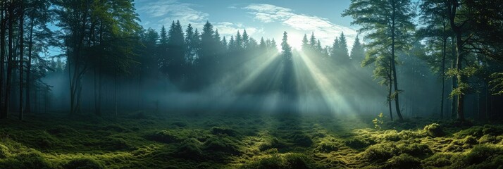 A wide panorama of the forest through the morning fog in the spring. Generative AI. - obrazy, fototapety, plakaty
