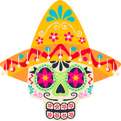 Cartoon character skull, calavera in sombrero hat