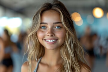 Cheerful smiling girl in the gym. Generative AI.