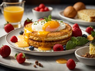 Michelin starred breakfast in premium restaurant and hotel with studio lighting & background, cinematic