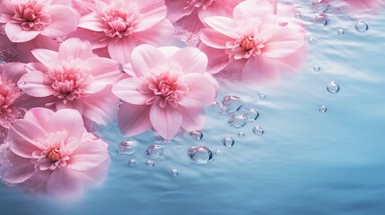 Pink water surface with flower and sun rays. Relaxing spa and beauty theme. Flat lay composition with copy space and banner format.
