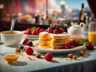 Michelin starred breakfast in premium restaurant and hotel with studio lighting & background, cinematic - obrazy, fototapety, plakaty