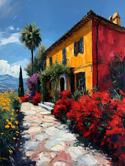 Languedoc France, A Painting Of A House With Flowers And Trees