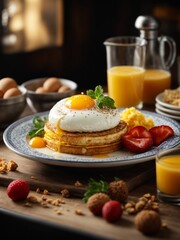 Obraz na płótnie Canvas Michelin starred breakfast in premium restaurant and hotel with studio lighting & background, cinematic
