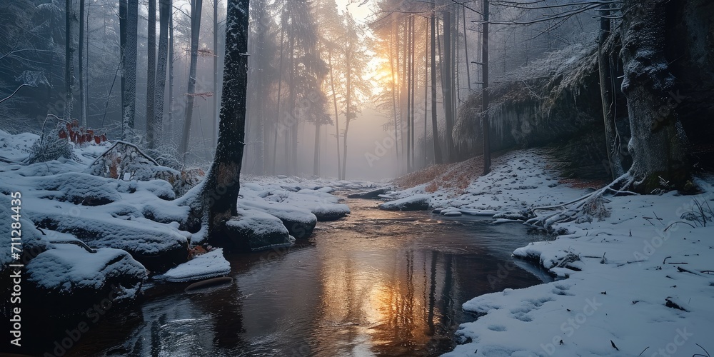 Poster winter forest with snow-covered trees and a stream near a cliff in fog during sunrise. generative ai