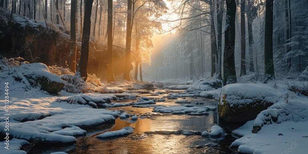 Poster winter forest with snow-covered trees and a stream near a cliff in fog during sunrise. generative ai