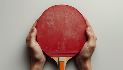Red table Tenis racket in hands on white background. Ping pong horizontal banner. World Table Tennis Day - obrazy, fototapety, plakaty