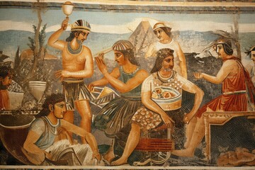 An illustration of an ancient mosaic depicting a historical event, rich in color and detail.