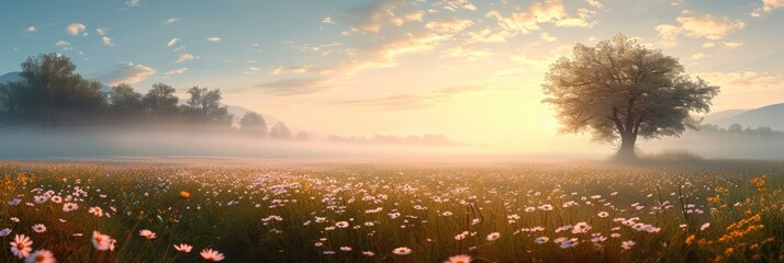 Wide panorama of a meadow with spring flowers in the morning fog. Generative AI.