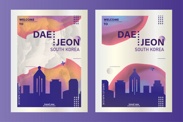 Daejeon city poster pack with abstract skyline, cityscape, landmark and attraction. South Korea metropolis vector illustration layout set for vertical brochure, website, flyer, presentation