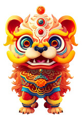 Fototapeta premium Cute colorful lion dance lunar new year white background, 3d cartoon style, strong color contrast isolated PNG