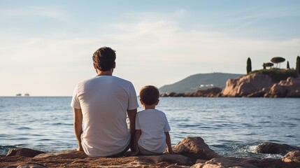 Young father and son in white t-shirts enjoying the seaside view. Back view. Blank t-shirts for design mockup.