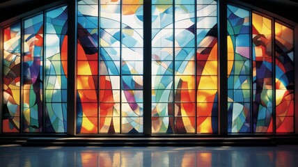 An illustration of a contemporary stained glass piece in a modern architectural setting. - obrazy, fototapety, plakaty