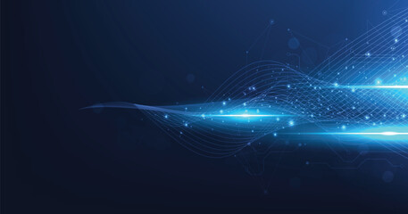 High-tech network technology background with dots and mesh line connection system. Abstract connection on dark blue background.