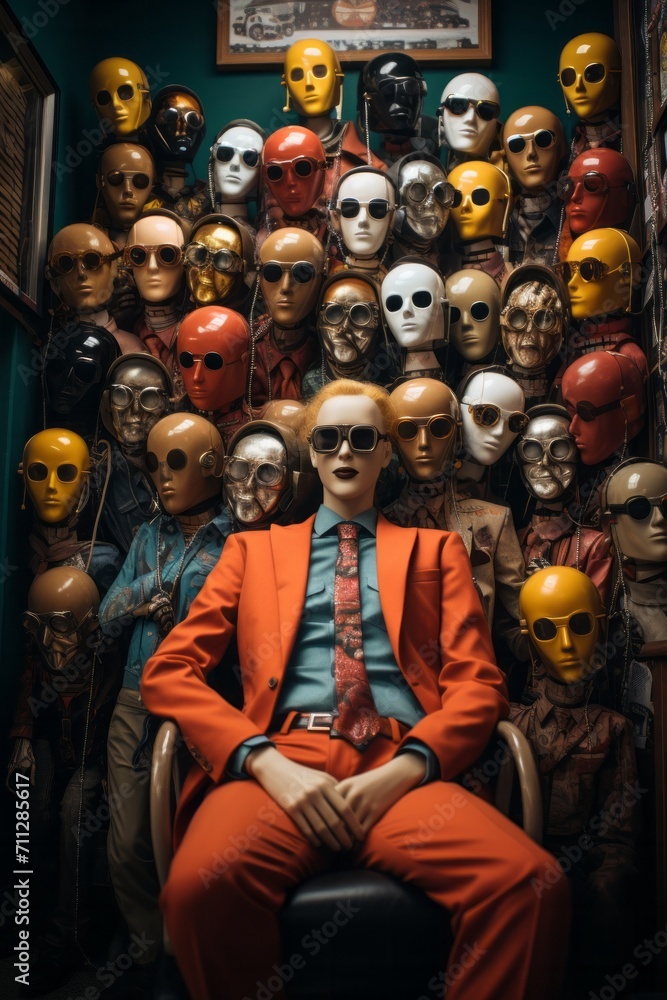 Poster an artistic portrayal of a series of mannequins in various dynamic poses.