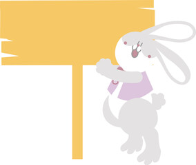 happy easter with bunny rabbit and blank sign banner, flat png transparent cartoon character design