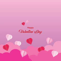 Background design with paper cut clouds. Place for text. Happy Valentine's Day sale header with hanging hearts.