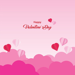 Background design with paper cut clouds. Place for text. Happy Valentine's Day sale header with hanging hearts.