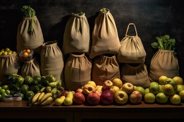 various produce and groceries stored in fabric bags. Generative AI