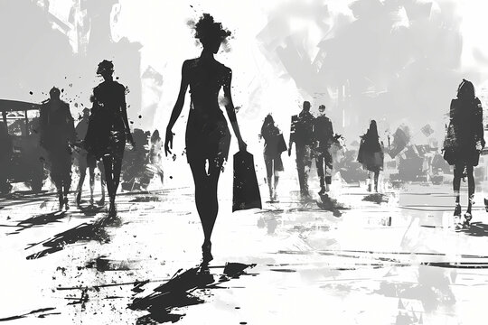 A Grayscale Illustration Of A Hedonist, A Group Of People Walking