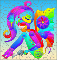 Fototapeta premium A stained glass illustration with a steampunk girl on a blue background