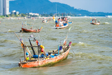 Fototapeta na wymiar CHONBURI, THAILAND - October, 15, 2023: Thai fishing boat on the sea.