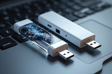 Close up of metal USB flash drive connected to laptop, International flash drive day. Generative AI. - obrazy, fototapety, plakaty