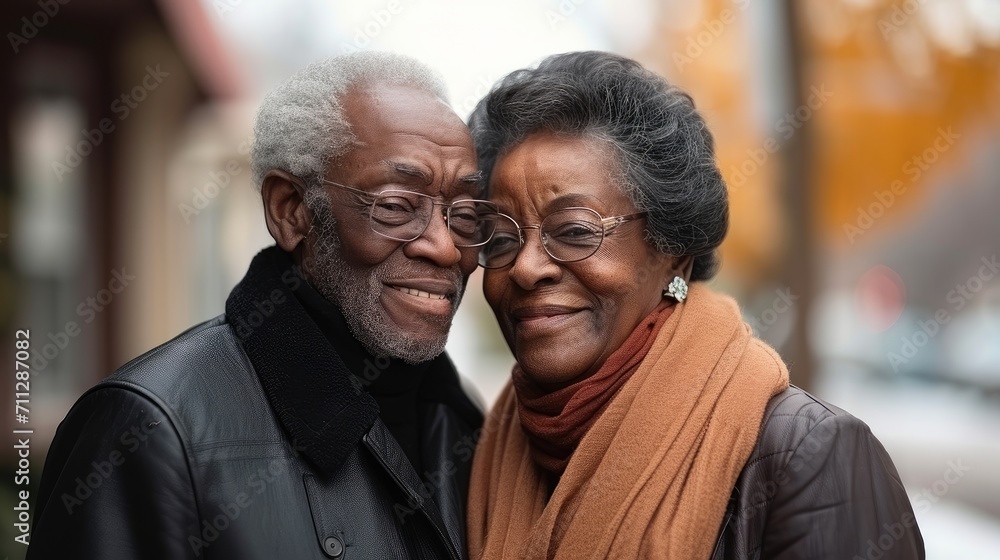 Sticker Black people, The elderly husband hugs his wife well the street. Generative AI.