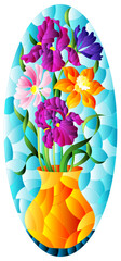 Illustration in the style of a stained glass window with a floral still life, flowers  on a blue background, oval image
