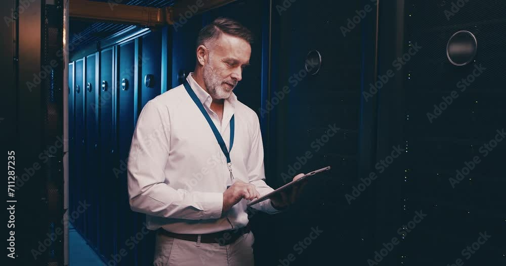 Poster mature man in datacenter with tablet, checking on network maintenance and engineer in storage for da