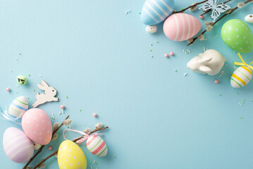 A picturesque Easter scene unfolds in this top view photo showcasing lively eggs, lovable bunny,...