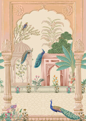 Mughal Traditional garden, arch, peacock, bird, plant vector illustration for wallpaper