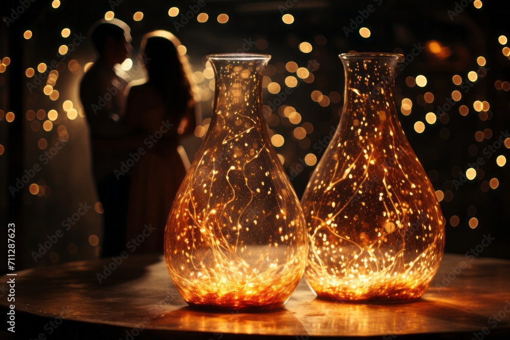Poster A scene where two metallic flask figures, elegantly pour shimmering, star-like particles into each other.