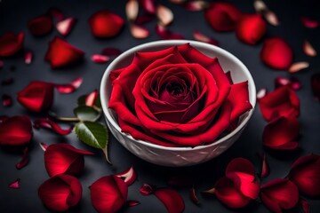 red rose petals and rose in a bowl