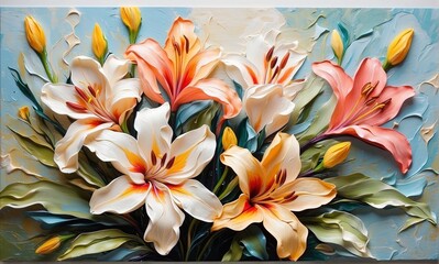 Oil painting of spring flowers on canvas. Beautiful abstract colorful flowers. impasto painting.