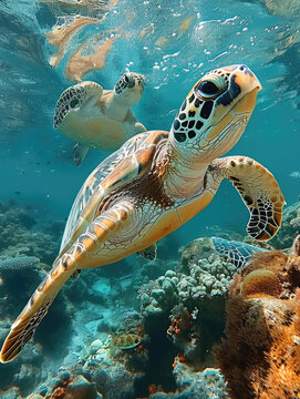 Turtles swimming up, Underwater, Tropical. Generative AI.