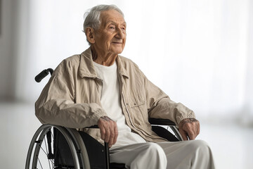 Old man in wheelchair on white isolated background. Generative AI.