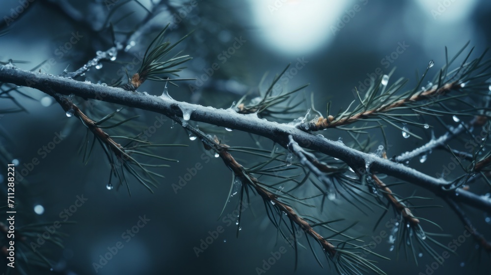 Poster a detailed close-up of a tree branch, showing needles drooping and detaching.