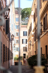 Rome, Italy. Picturesque Houses Courtyard with Plants Decoration. Authentic Rome Cityscape. 