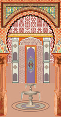 Eastern Mughal Moroccan decorative arch, fountain, palace vector
