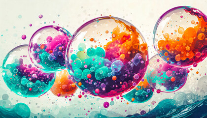 Illustration abstraite et fantaisiste d'arrière-plan avec bulles géantes translucides remplies d'explosions colorées sur fond uni blanc