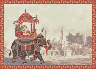 Mughal Emperor riding elephant decorative vector illustration frame