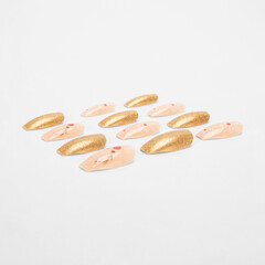 realistic set of colored false nails adhesive isolated on white background. top view. false nails acrylic nails for women. different fashion nail shapes.