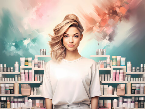 Custom Hair Stylist Image, A Woman Standing In Front Of A Shelf Of Cosmetics