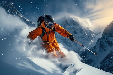 A skier descends rapidly from the mountain. Generative AI.