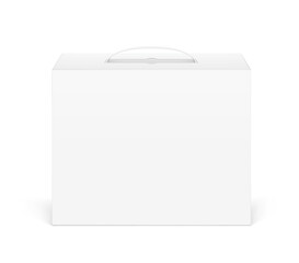 Cardboard bag box with plastic handle mockup. Front view. Vector illustration isolated on white background. Ready and simple to use for your design. EPS10.